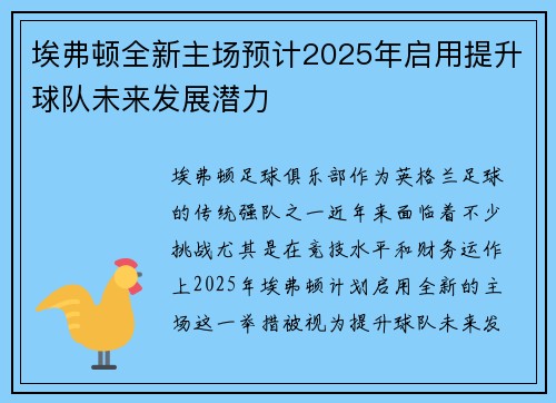 埃弗顿全新主场预计2025年启用提升球队未来发展潜力 埃弗顿全新主场预计2025年启用提升球队未来发展潜力